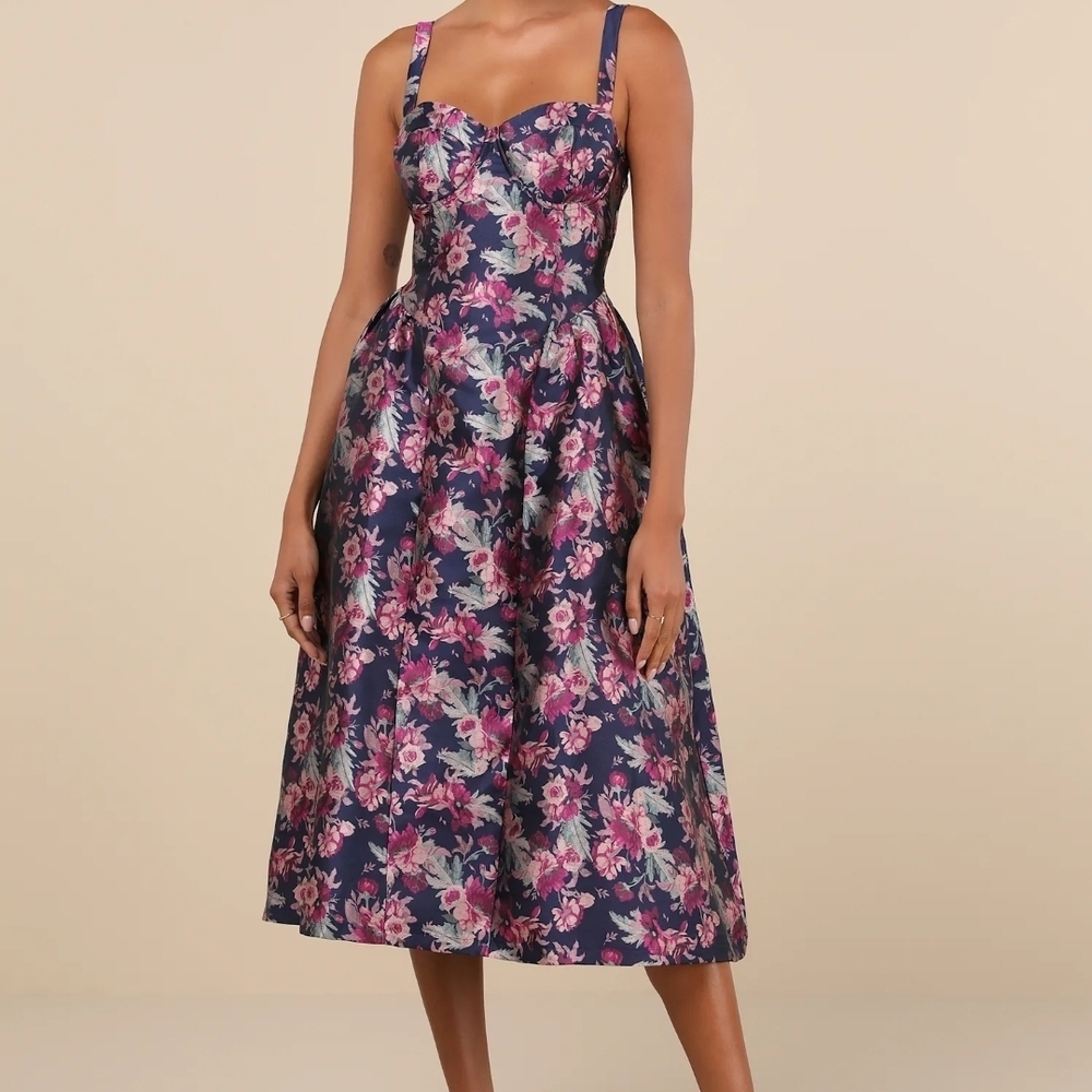 Lulu's Navy and Pink Floral Midi Dress